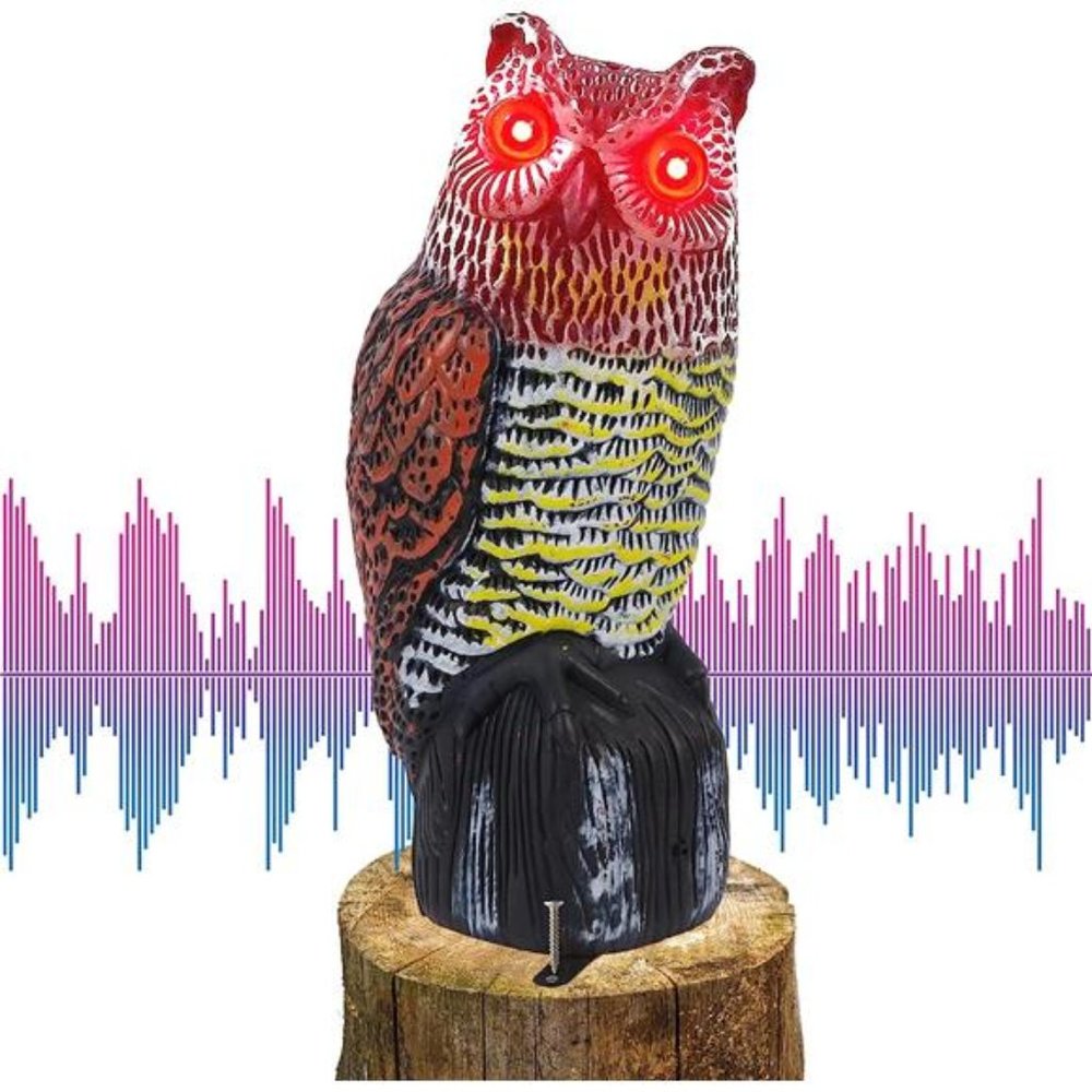 Solar Fake Horned Owl Statue, Solar Powered Halloween Motion Activated Scarecrow